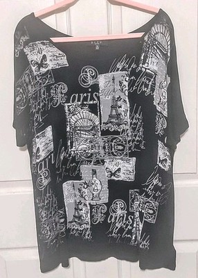 Women 1X Euro Art Paris France Black White Graphic Y2K Flowy Studded T-Shirt Top
