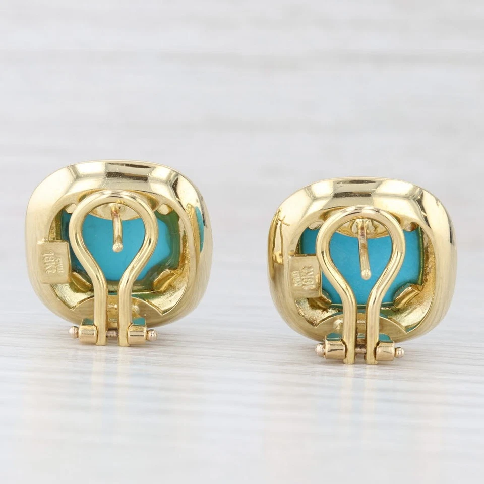 Italian Turquoise Cabochon Earrings 18k Yellow Gold Omega Back Drops - Image 4 of 4