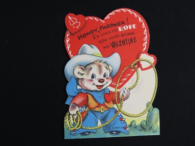 Vintage Valentines Day Card Die Cut Cowboy Lasso Rope Hat Howdy Pardner C1678