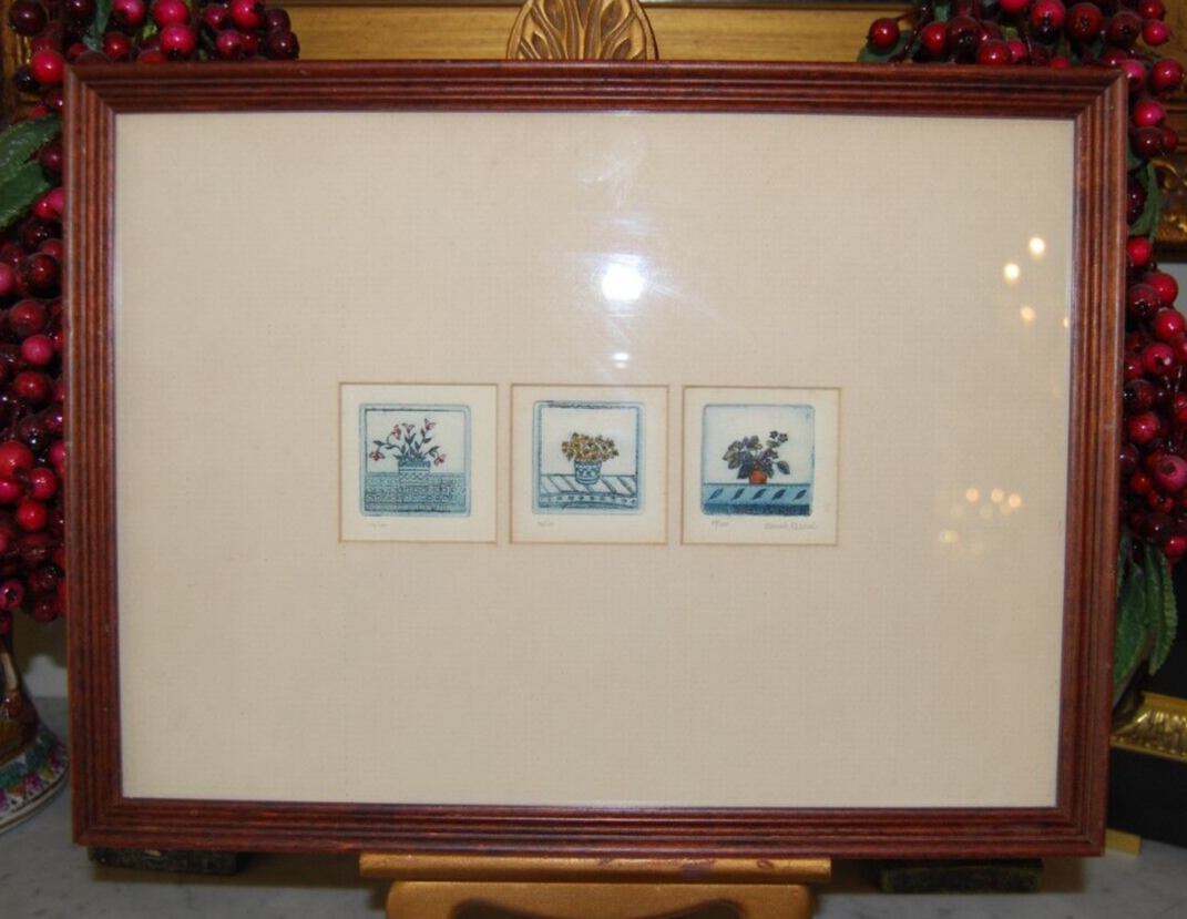 VTG FRAMED 3 MINIATURE SIGNED SARAH RISHEL COLORED ETCHING POTTED