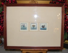 VTG FRAMED 3 MINIATURE SIGNED SARAH RISHEL COLORED ETCHING POTTED FLOWER PLANTS