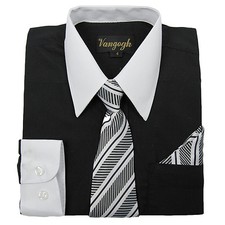 Boy Black Dress Shirt V2021 White Contrast Collar Tie Hankie Long Sleeve 4 to 20
