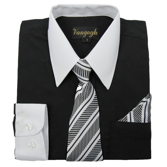 Boys Black Dress Shirt White Contrast Collar Tie Hankie Long Sleeve