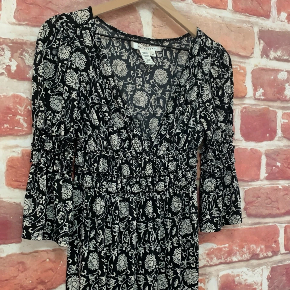 Max Studio Dress Womens Medium Black Multicolor Floral Scroll Stretchy Popover - Image 3 of 4