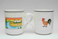 PAIR 2 VINTAGE VILLEROY BOCH NAIF DESIGN FRENCH COUNTRY ROOSTER COFFEE CUPS