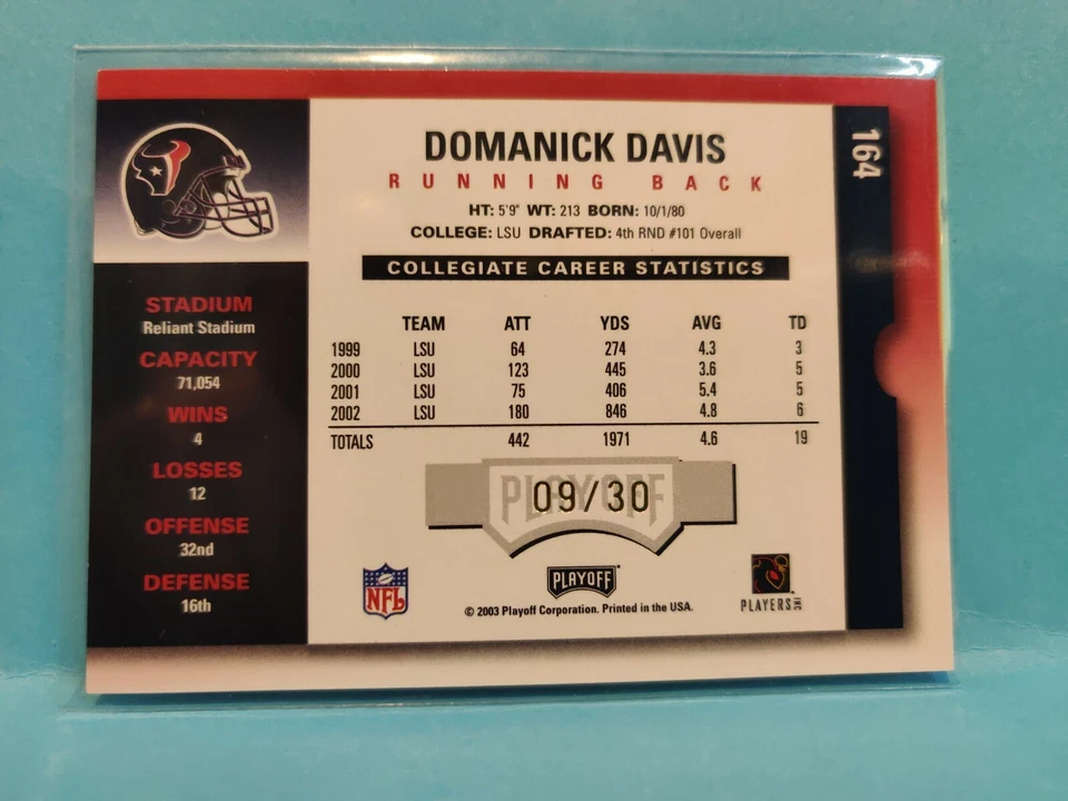 Boleto de playoffs Contenders 2003 fútbol americano Domanick Davis Playoffs RC #164 --/30 Foto 2 de 4