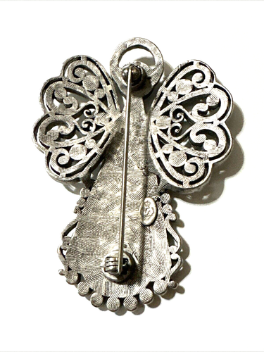 New PREMIER DESIGNS Angel Brooch Filigree Pewter Tone Blue Rhinestone NOS 2 1/4" - Picture 6 of 11