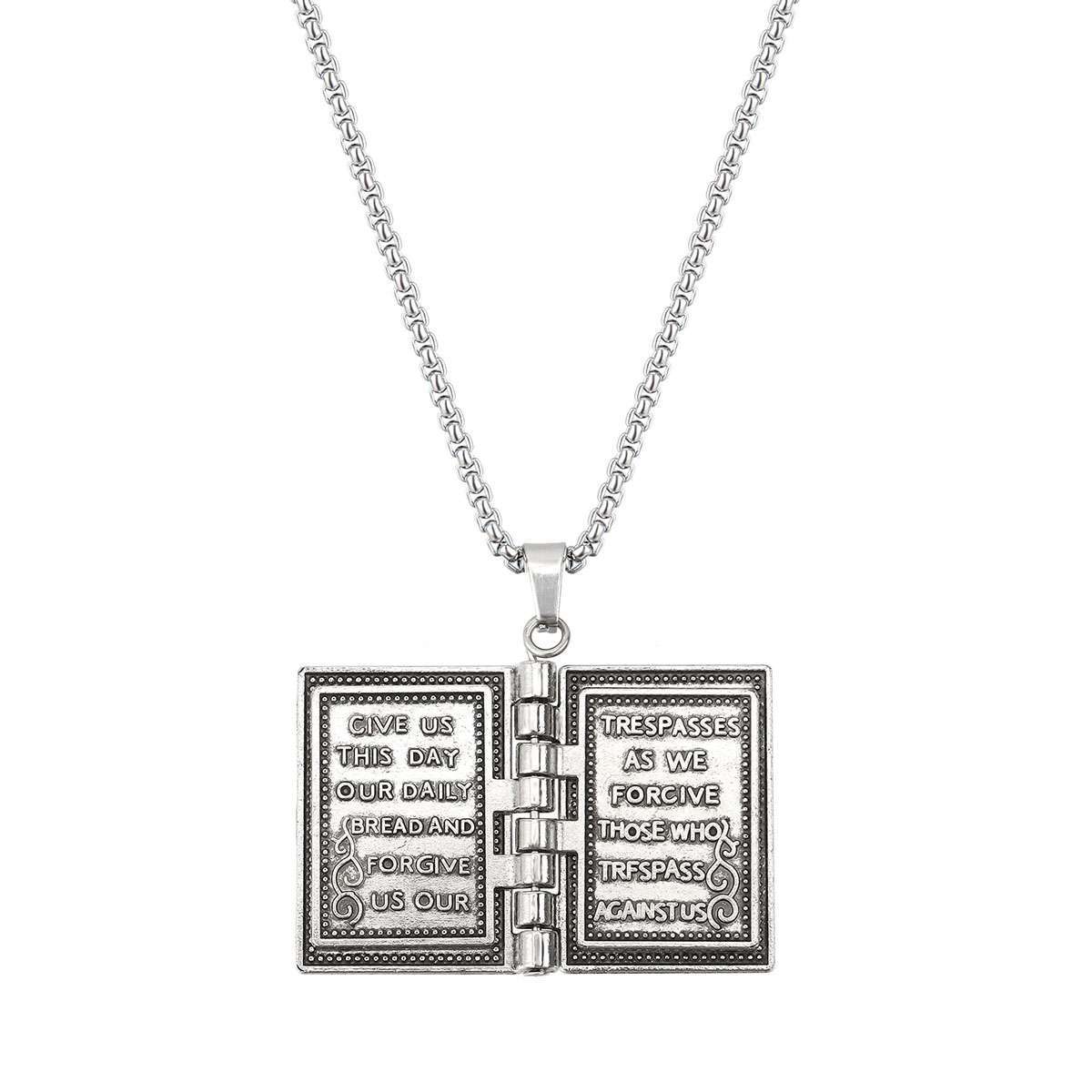 Bible Book Pendant Necklace Vintage Silver Cross Unique Jewelry For Men
