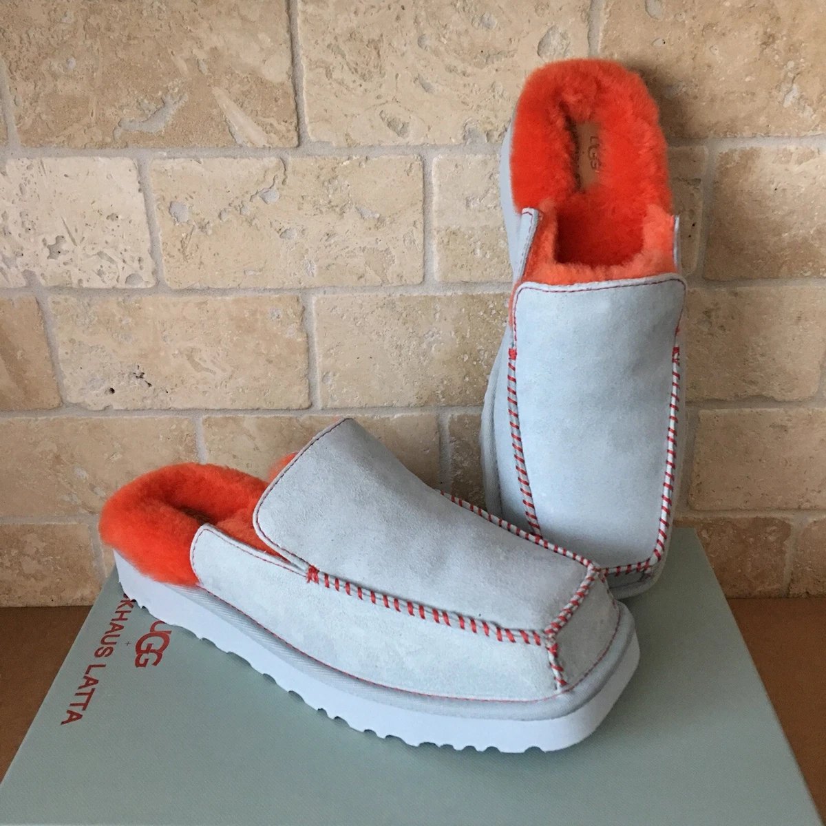 UGG x ECKHAUS LATTA BLOCK SLIDE SKY GREY MANDARIN SUEDE MULES SHOES SIZE 7 WOMEN