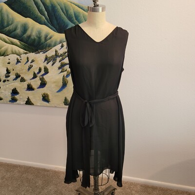 Gary Graham Silk Midi Shift Dress Black Size 6 Sheer Tie Accent Goth Witchy