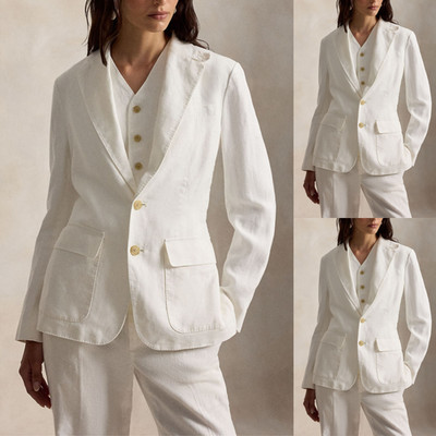 White Linen Women Suits 3Pcs Modern Casual Summer Beach Jacket Coat Vest Pants