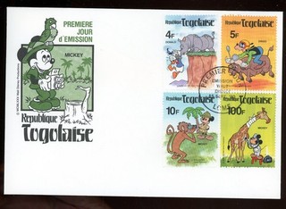 stamp cover Togolese Walt Disney 1980 Mickey Mouse 4 different stamps FDC