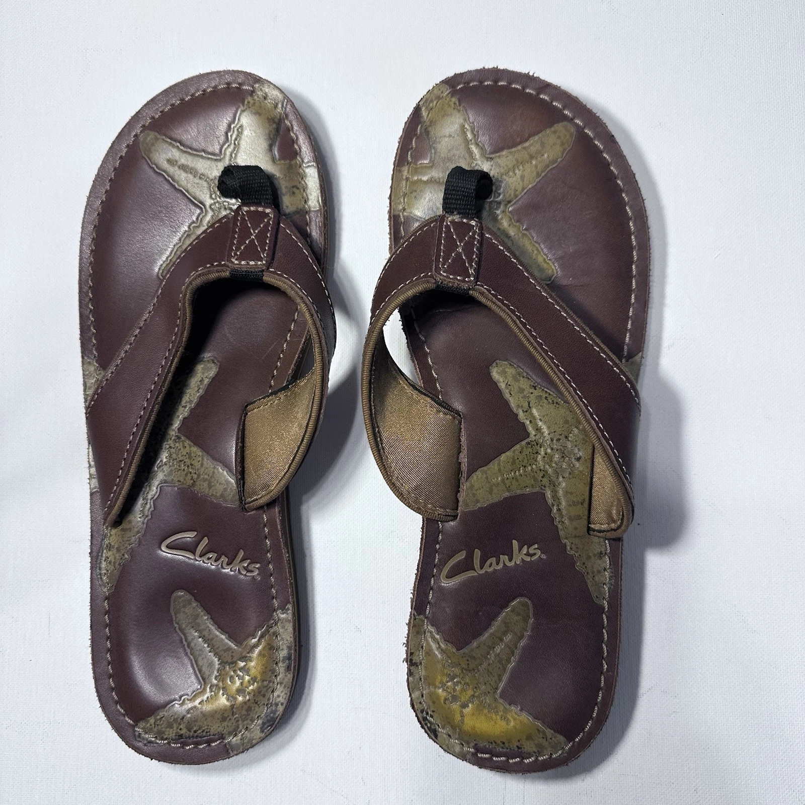 CLARKS Sandali infradito donna Clark’s taglia 9 tomaia in pelle marrone stelle marine