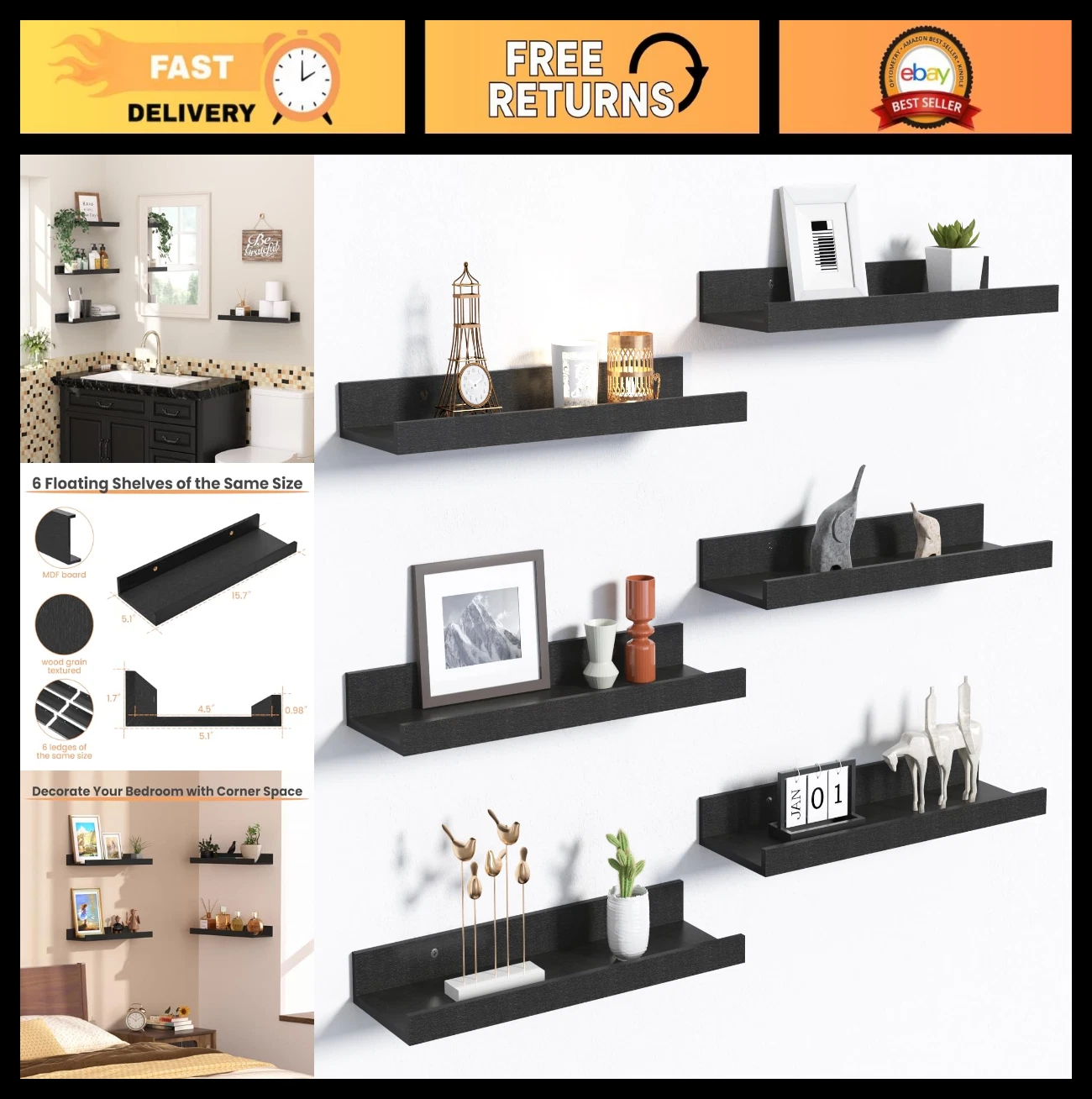 Set of 6 Wall Mounted Floating Shelves - Wood Storage for Bedroom, Living Room,