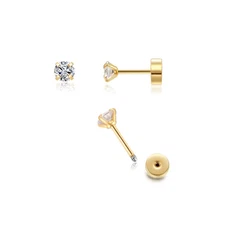 3Mm Tiny CZ Screw on Flat Back Stud Earrings,Gold Plated Flat Back Cubic Zirconi