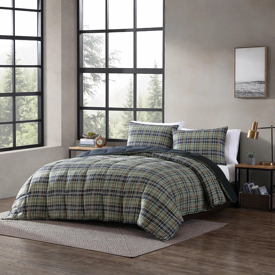 - King Comforter Set, Reversible Plaid Alt Down Bedding with Matching Shams, ... - Image 2 of 4