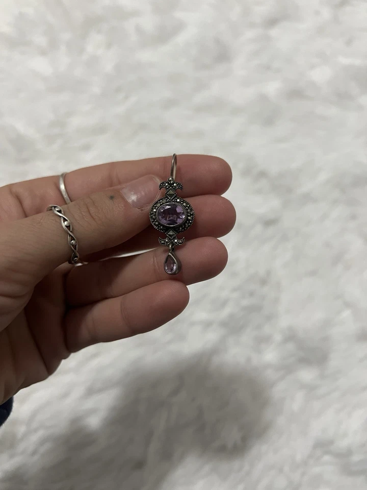 Vintage Purple Amethyst Gemstone 925 Sterling Silver Dangling Earrings Gothic - Image 3 of 4