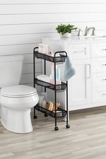Slim 3-Tier Rolling Bathroom Storage Cart with Hooks, Black
