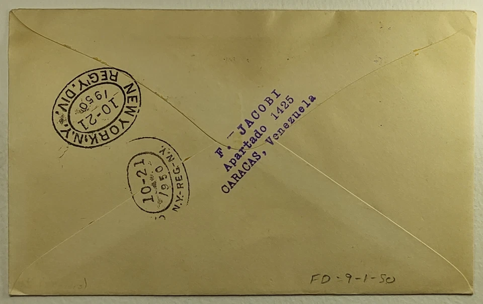 1950 FDC Venezuela Registered First Day Cover Airmail Caracas to New York City - Image 2 of 2