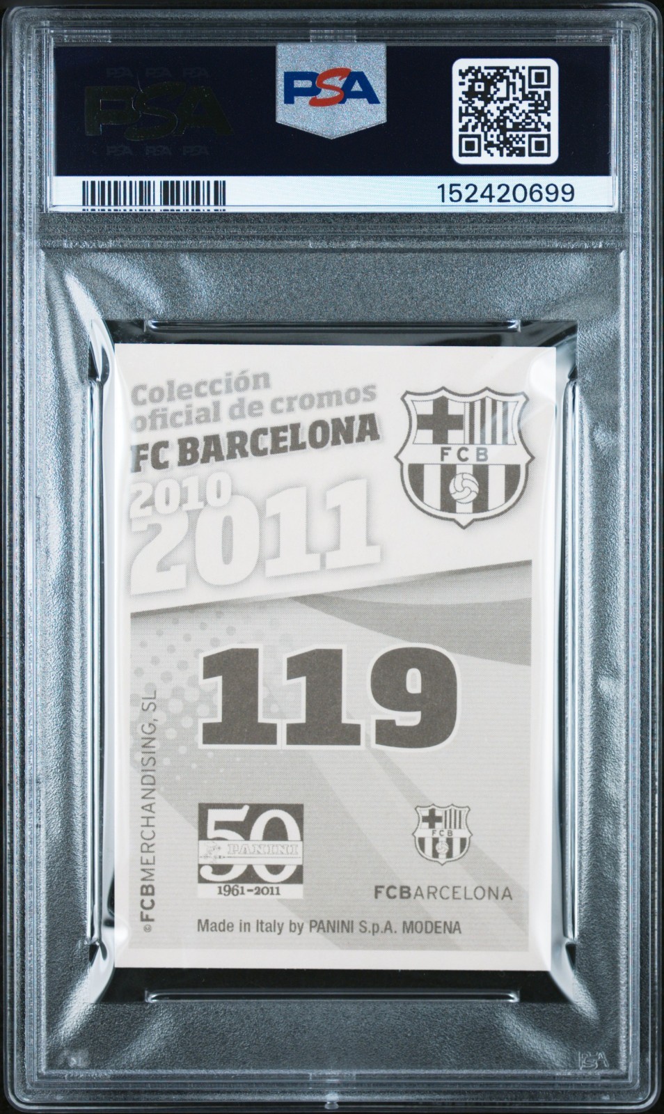 Lionel Messi PSA 8 2010-11 Panini FC Barcelona Stickers Autografo #119 b1 view 2