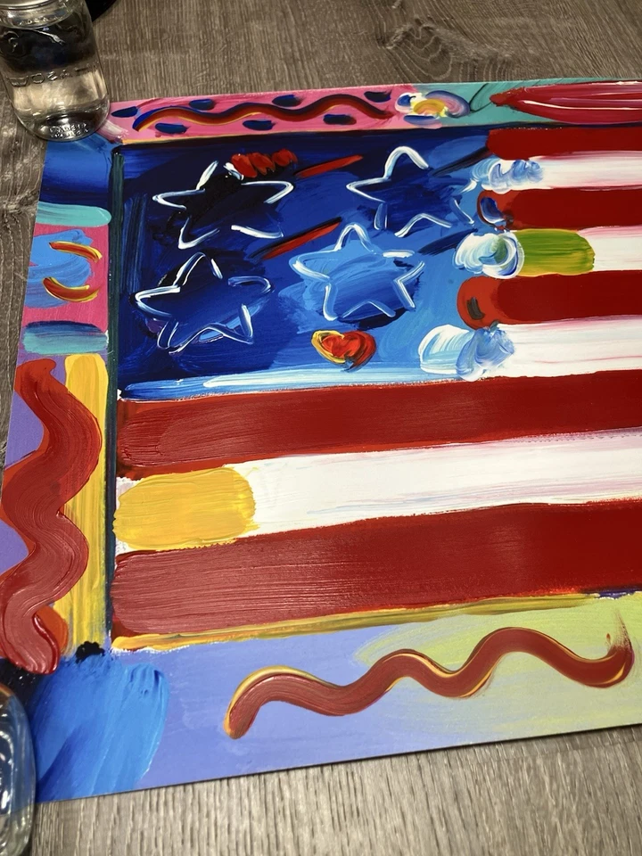 Bandeira com coração Peter Max 1999🔥 Arte acrílica original assinada à mão - Imagem 3 de 4
