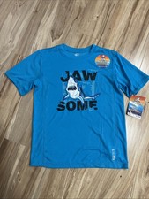 ZEROXPOSUR Boys Swim Beach Top Size 18-20 Short Sleeve Blue Shark Screen print