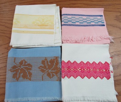 Huck Weave Embroidered Tea Towels lot 4 pcs pink white blue yellow