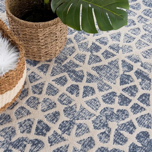 Teppich Art Skandi Look Blau Creme Kurzflor Fransen Wohnzimmer Schlafzimmer Flur - Bild 6 von 35