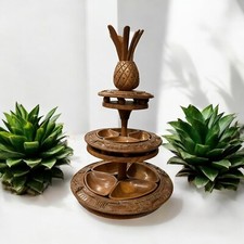 3-tier Pineapple Hawaiian Hand Carved  Pod Lazy Susan Serving Tray Beach Island