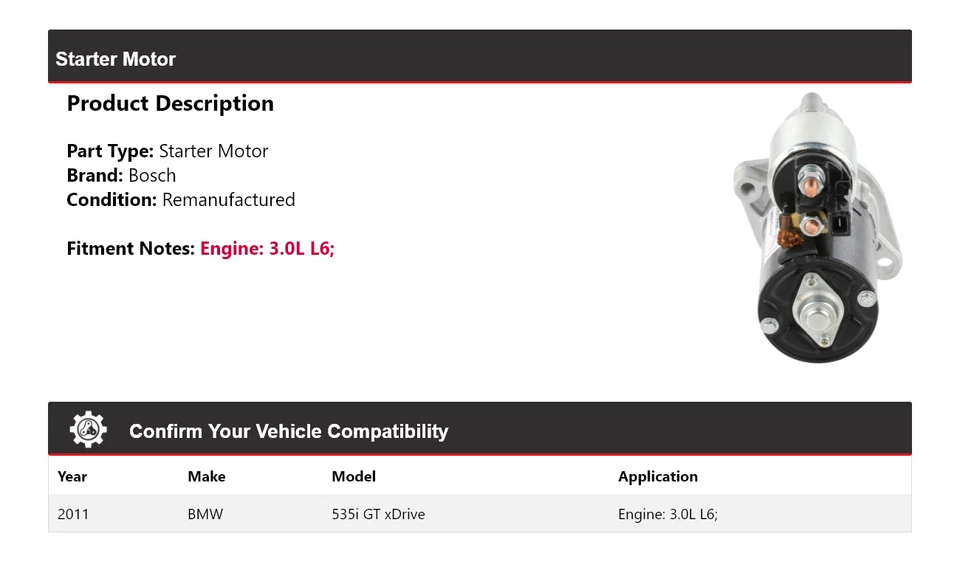 BMW 535i GT 2011 xDrive 3,0 L L6 arranque Bosch (remanufacturado) Foto 2 de 4