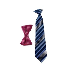 Boys 2 Piece Tie Set Blue Striped Necktie Red Patterned Bow Formal Wear Clip a