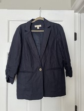 Michael Kors Blazer Womens 8 Navy 100 Linen Scrunch Sleeve Jacket Office Gold