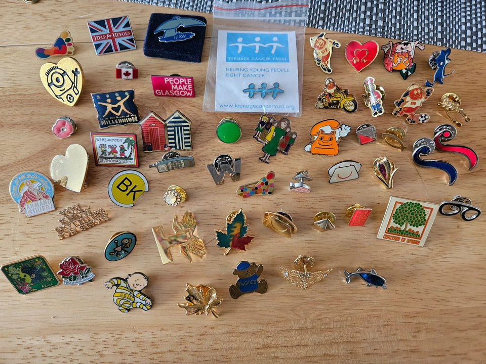 JOB LOT OF 77 CHARITY LAPEL PINS AND BADGES MIXED STYLES & MATERIALS