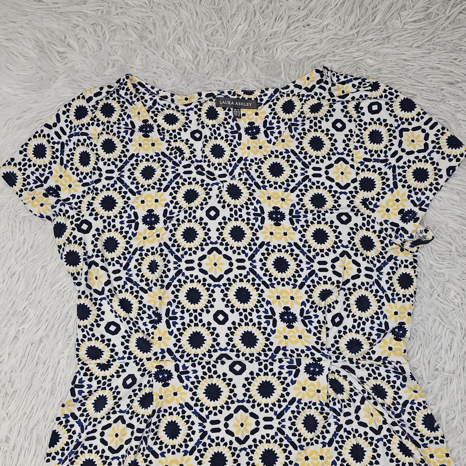 Vintage Womens Laura Ashley Yellow Blue Pattern Cap Sleeve Stretchy Dress 10 - Image 3 of 4