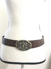 Women's Belt Brown Small Laser Cut Casual Jeweled Oval Buckle Casual Dress Jeans
