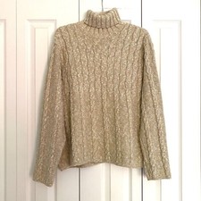 Vtg Woolrich Wool Blend Cable Knit Turtleneck Sweater Beige Womens Size L USA