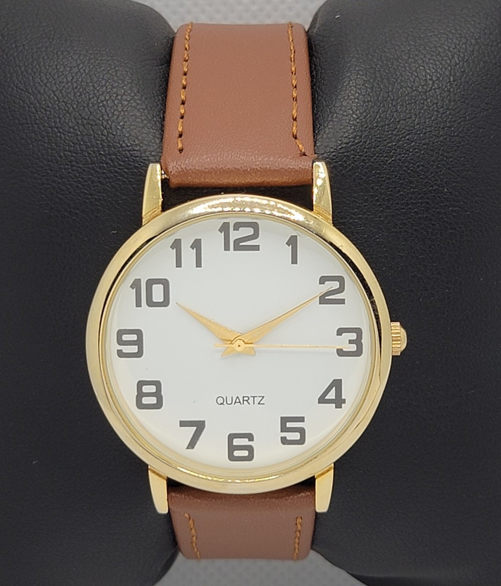 Mens Classic Round Gold Tone Case White Dial Brown Leather  display picture 3