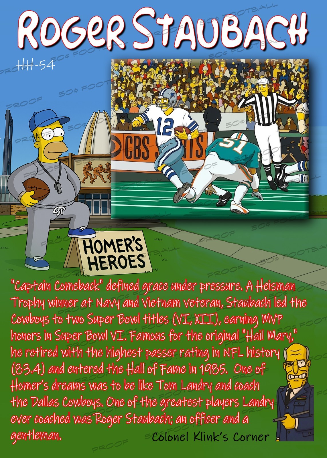 Roger Staubach Homer's Heroes Simpsons 1972 Rookie Custom Trading Card Cowboys