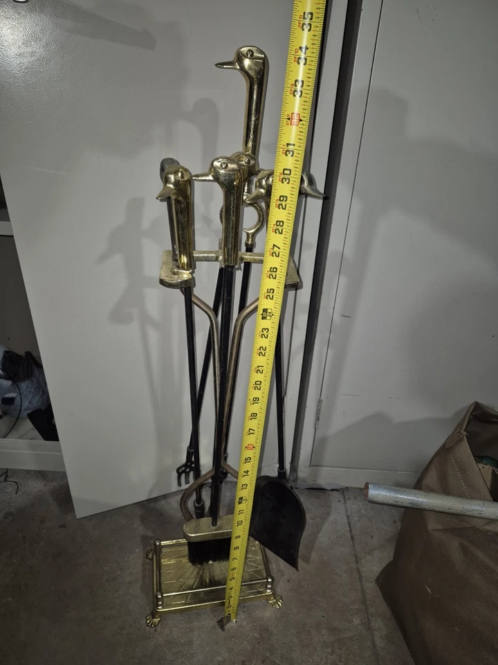 Juego de utensilios/herramientas de chimenea con cabeza de pato de latón y hierro forjado vintage con soporte Foto 4 de 4