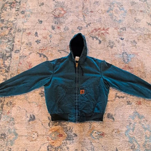 VTG Carhartt J68HTG Duck Canvas Hooded Active Jacket Size L Hunter Green - product listing photo