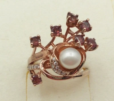 Perle, Granat- Ring,  Sterlingsilber 925,   Größe  53/16,8  rose vergoldet - Bild 1 von 4