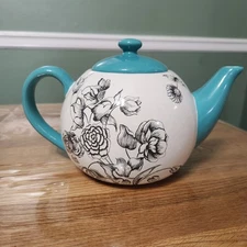 Certified International Jennifer Brinley Black Floral and Teal Blue Green Teapot