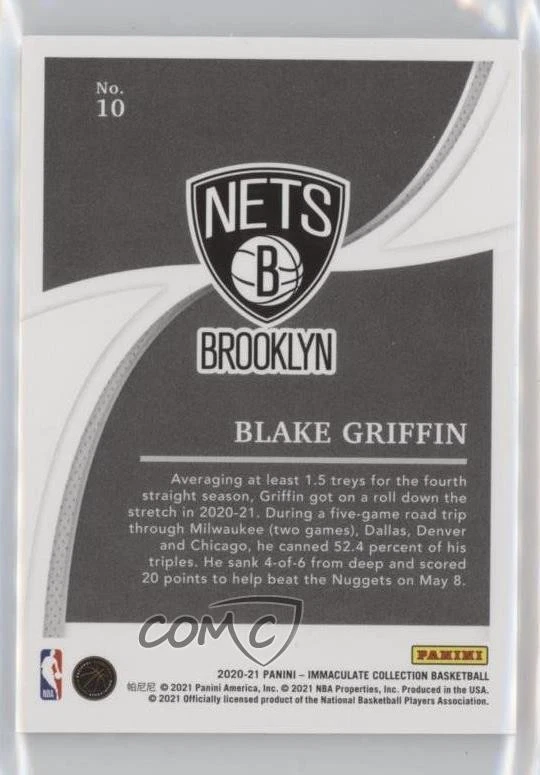 2020-21 Panini Immaculate Gold /10 Blake Griffin #10 - Image 2 of 2