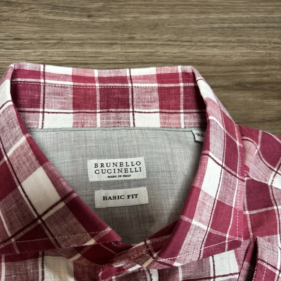 Brunello Cucinelli Checked Linen Plaid Shirt Red Men’s Size XL - Image 2 of 4