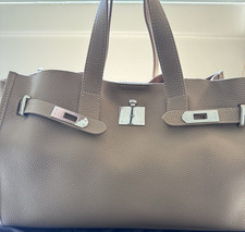 Women's Taupe Satchel Top Handle Bag Detachable Adjustable Strap Buckle Silver