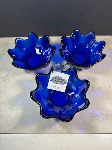 Set Of 3 Blenko Glass Cobalt Blue 8 Petal 5.5" LOTUS Bowls