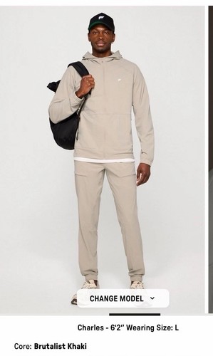 Men’s “The One” Brutalist Khaki Fabletics Sweatsuit | Large jacket | XL pants