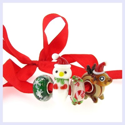 4-Pack Sterling Silver & Glass Christmas Beads - Reindeer, Snowman, Snowflake For Charm Bracelets