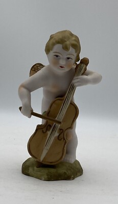 Ardalt Cherub Angel with Wings Playing a Cello - Bisque Mid Century - Japan