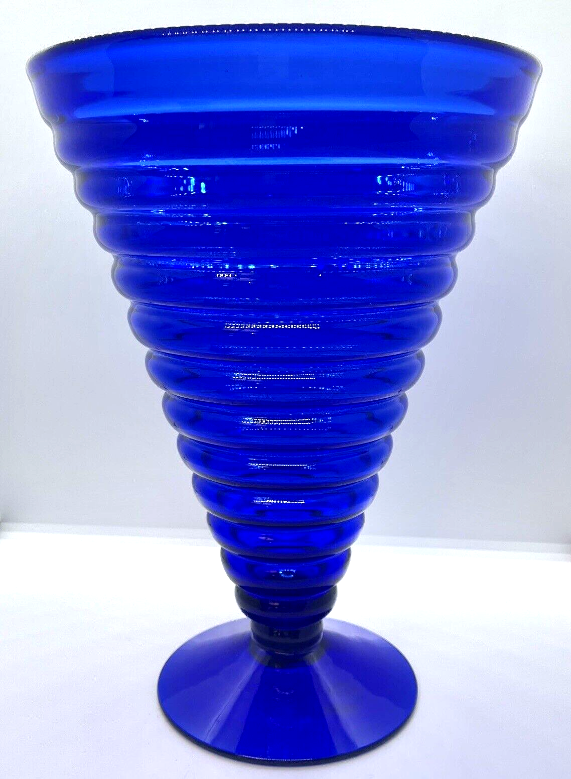Blenko Handcrafted Cobalt Blue Ribbed Pedestal Vase Midcentury Art Glass